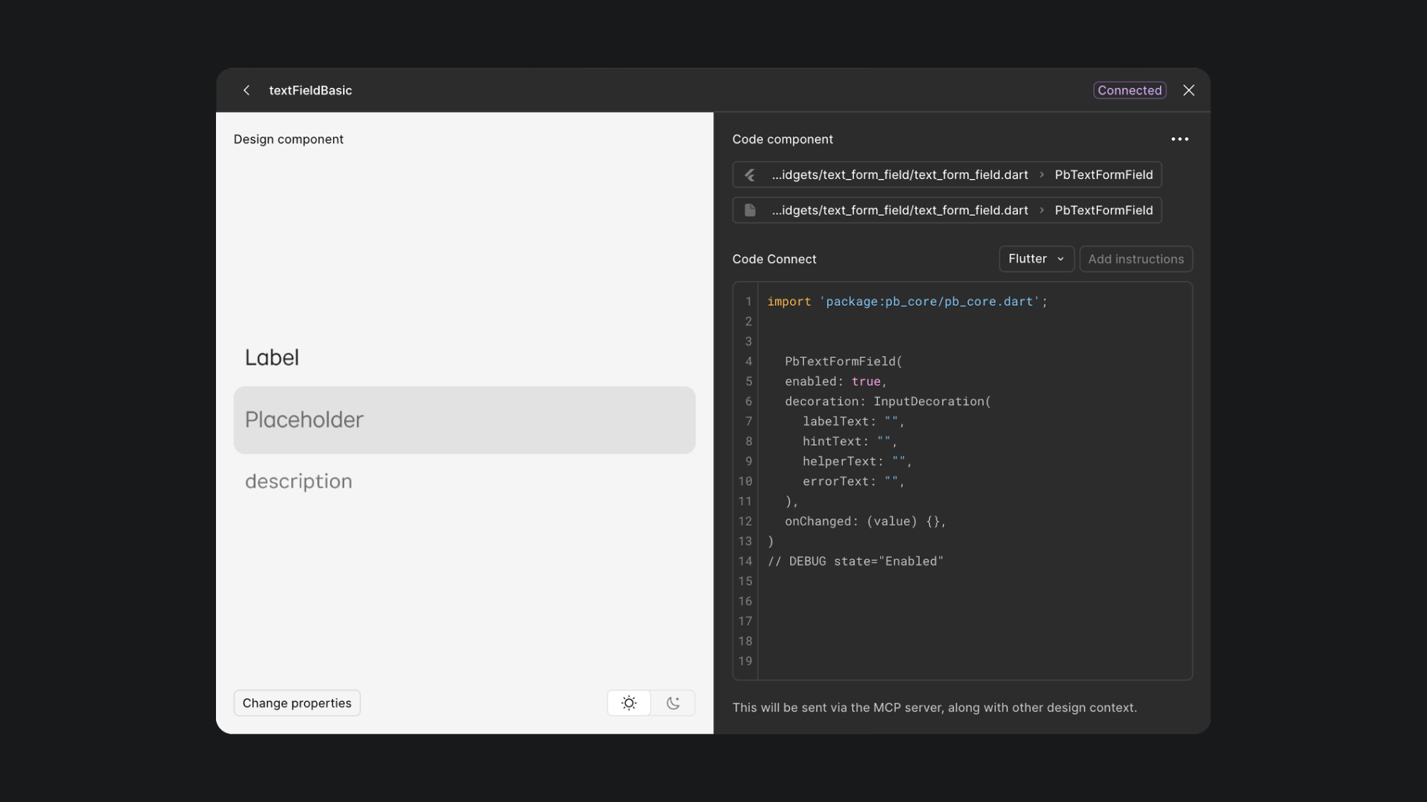 Figma Code Connect view mapping a text field design component to its Flutter implementation