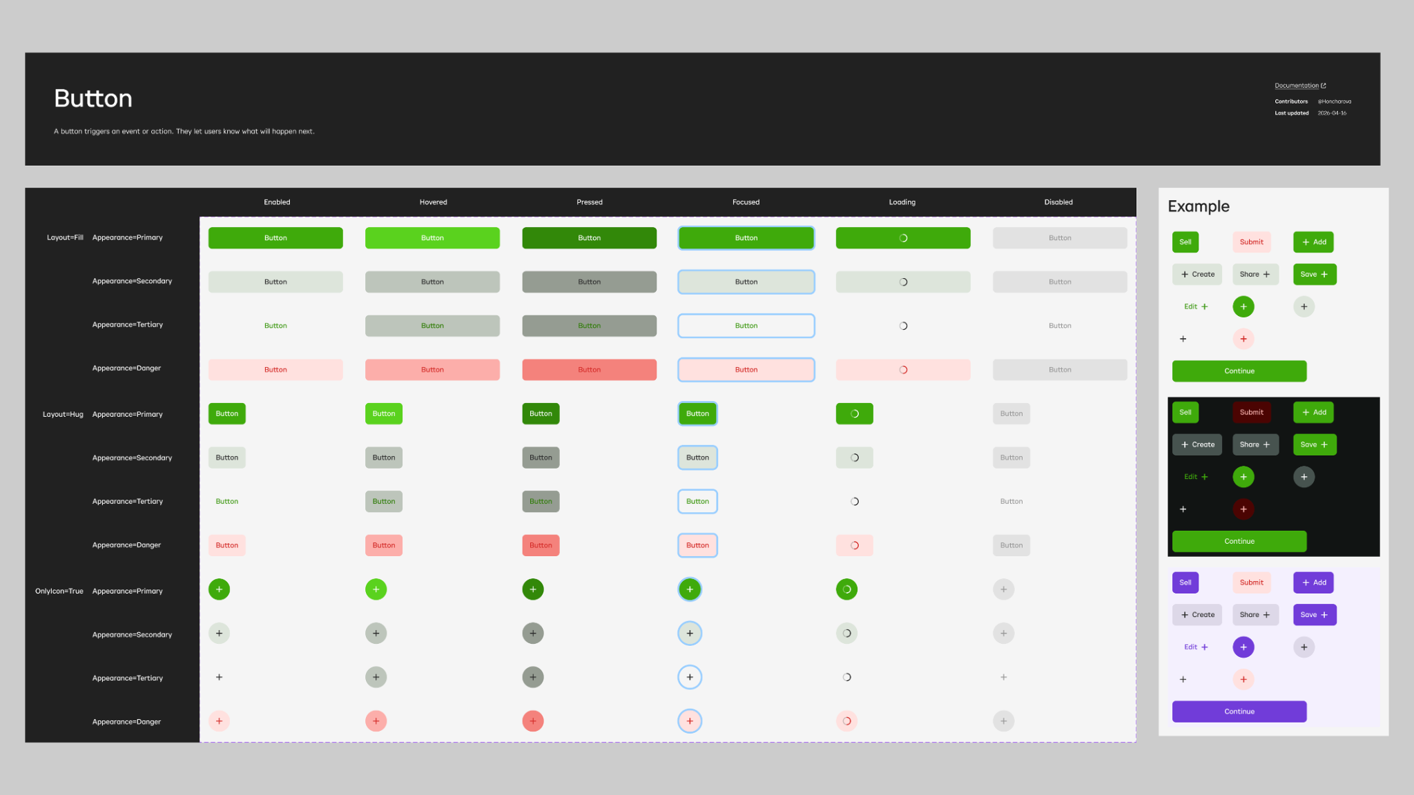 Rebuilt Button component with unified layouts, appearances, states, icon options, and examples across themes