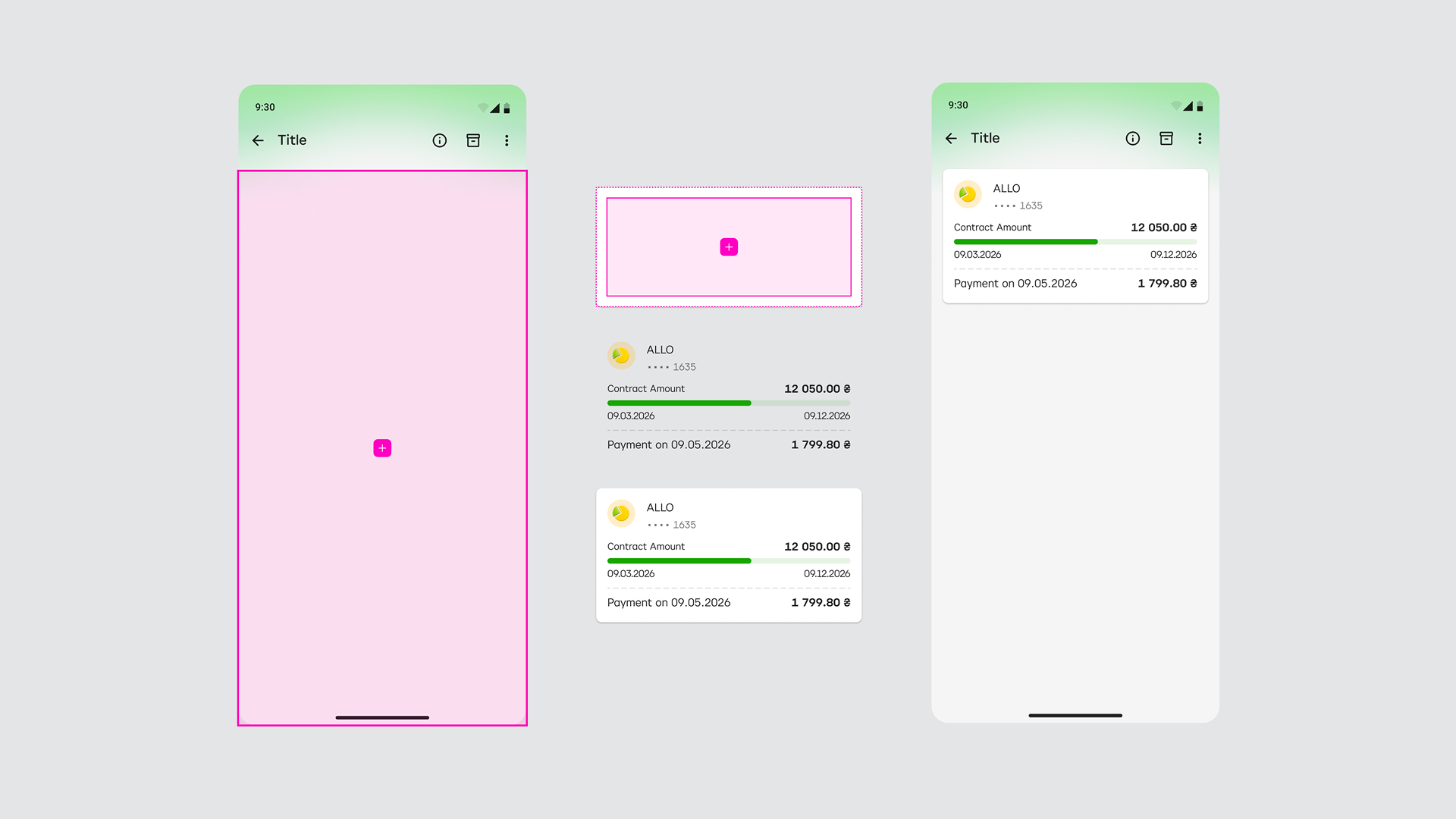 Figma slot structure showing a replaceable contract card placed inside a controlled mobile layout